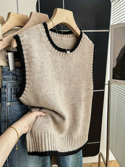 Chaleco de Suéter de Contraste Cómodo para Mujeres con Cuello Redondo, Sin Mangas, dobladillo Acanalado, Estilo Oversized