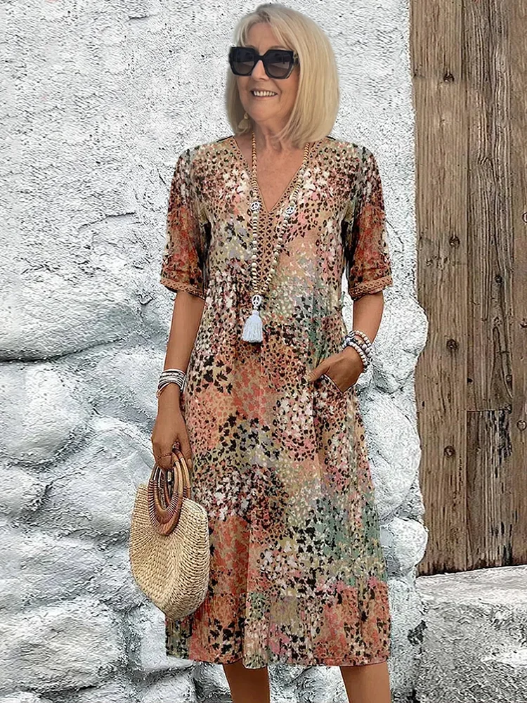 Vestido Midi Abstracto Sin Esfuerzo para Mujeres con Escote en V y Manga Corta, Estilo Bohemio