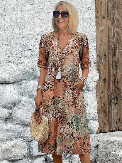 Vestido Midi Abstracto Sin Esfuerzo para Mujeres con Escote en V y Manga Corta, Estilo Bohemio