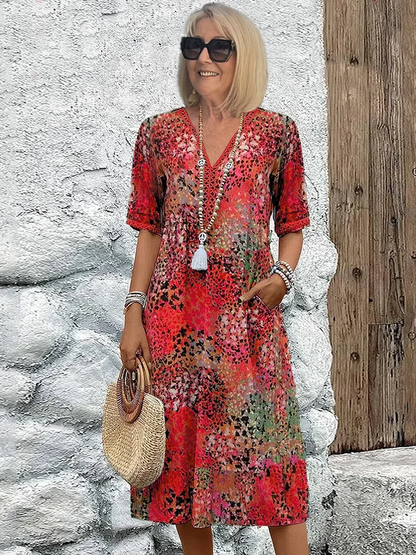 Vestido Midi Abstracto Sin Esfuerzo para Mujeres con Escote en V y Manga Corta, Estilo Bohemio