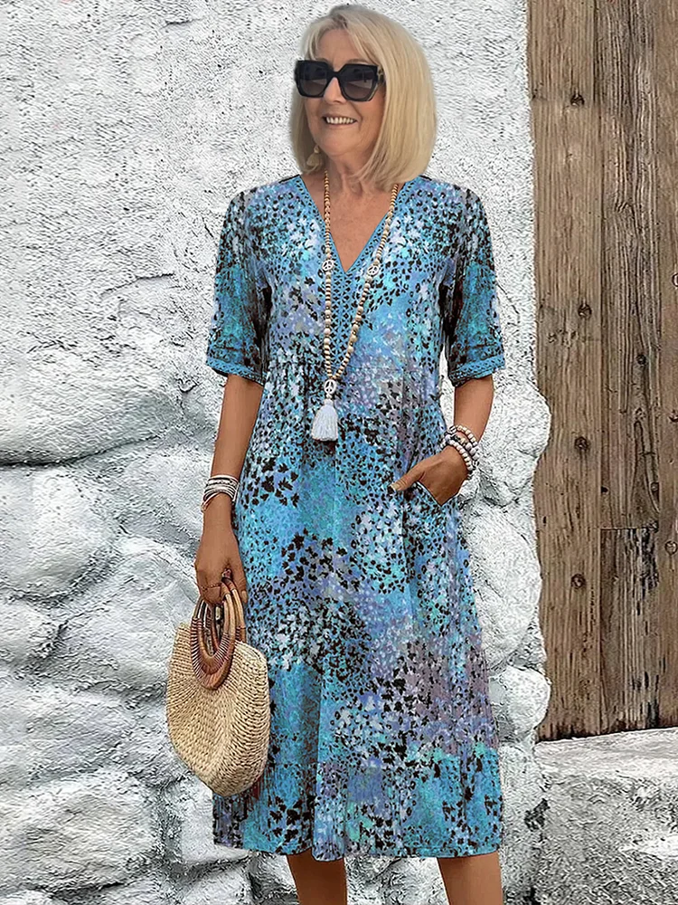 Vestido Midi Abstracto Sin Esfuerzo para Mujeres con Escote en V y Manga Corta, Estilo Bohemio