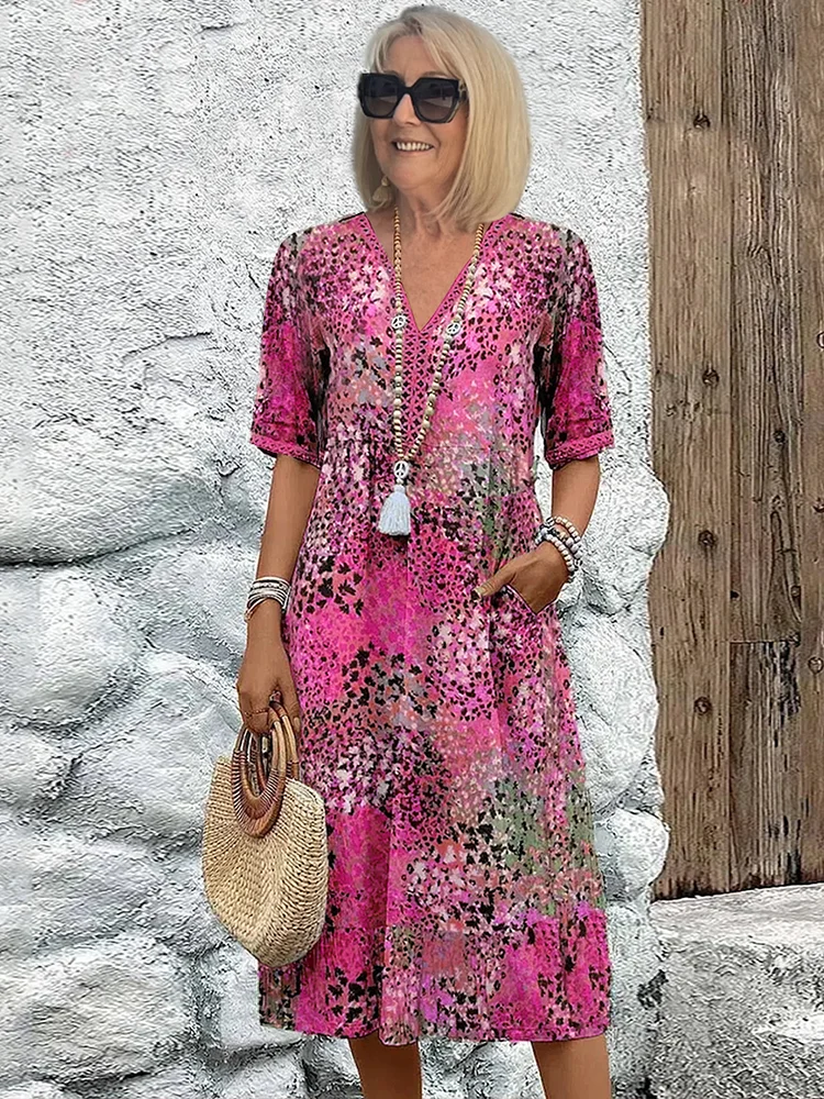 Vestido Midi Abstracto Sin Esfuerzo para Mujeres con Escote en V y Manga Corta, Estilo Bohemio