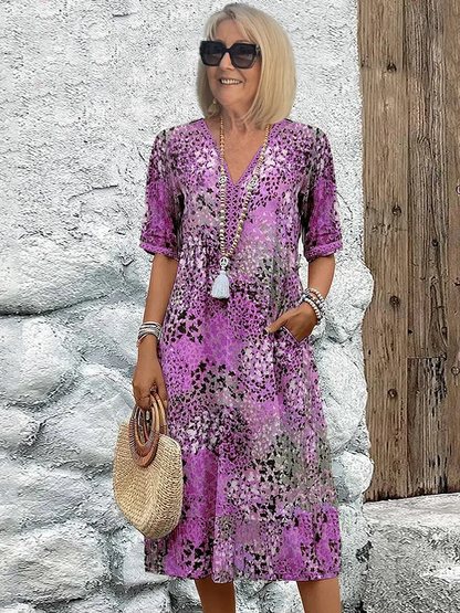 Vestido Midi Abstracto Sin Esfuerzo para Mujeres con Escote en V y Manga Corta, Estilo Bohemio