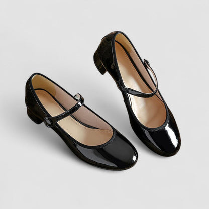 Elegante Zapato de Charol Mary Jane para Mujeres con Punta Redonda, Correa en el Tobillo y Tacón de Bloque