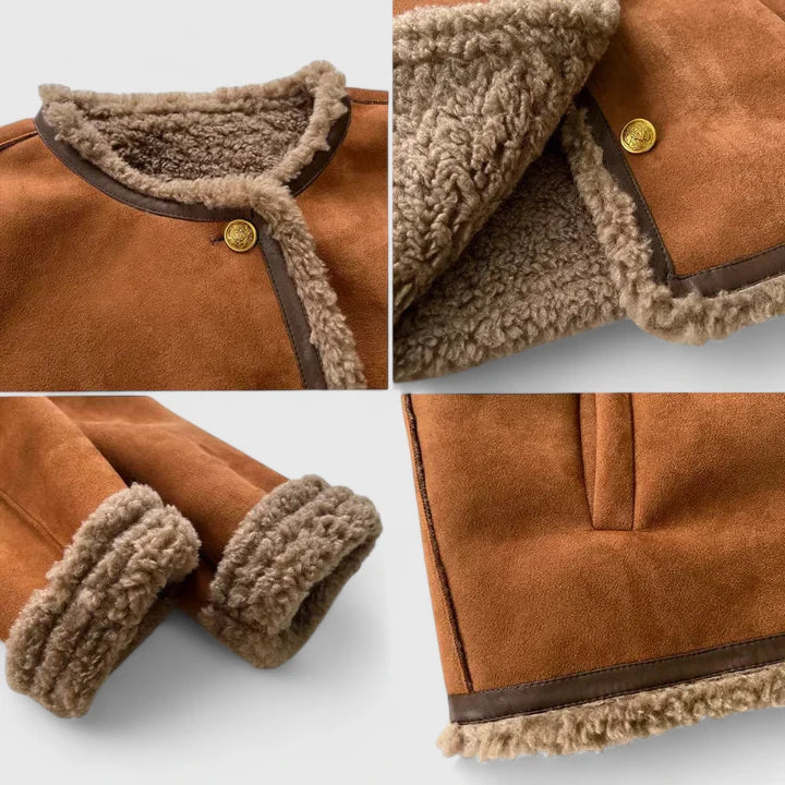 Chaqueta de Piel Suede Marrón Elegante para Mujeres con Cuello Redondo, Manga Larga, Botones Frontal, Estilo Corto