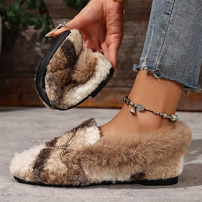 Zapatillas Beige Cómodas para Mujeres con Detalle de Lazo de Piel Sintética, Zapatillas de Casa con Suela Acolchada