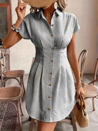Vestido Camisa A-Line de Manga Corta a Rayas Elegante para Mujeres, Vestido Casual de Oficina de Verano de Cintura Alta con Botones en Pastel Claro, Fabricado en Poliéster Cómodo, Estilo Francés, Color Sólido, Vestido Camisa para Mujeres, Vestido Camisa C