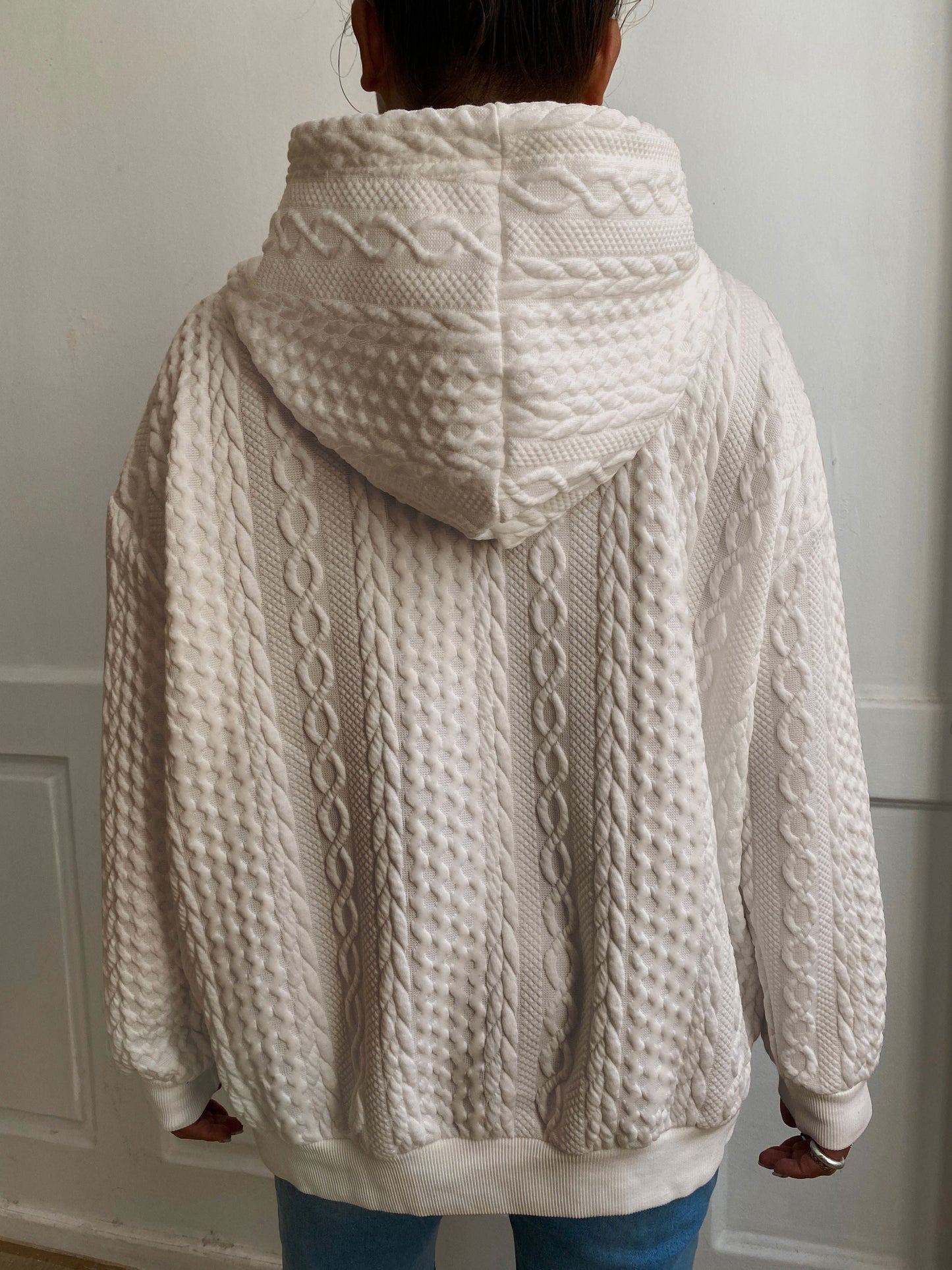 Sudadera de Punto Trenzado Cómoda para Mujeres con Capucha Ajustable de Cordón, Manga Larga, Estilo Relajado y Oversized