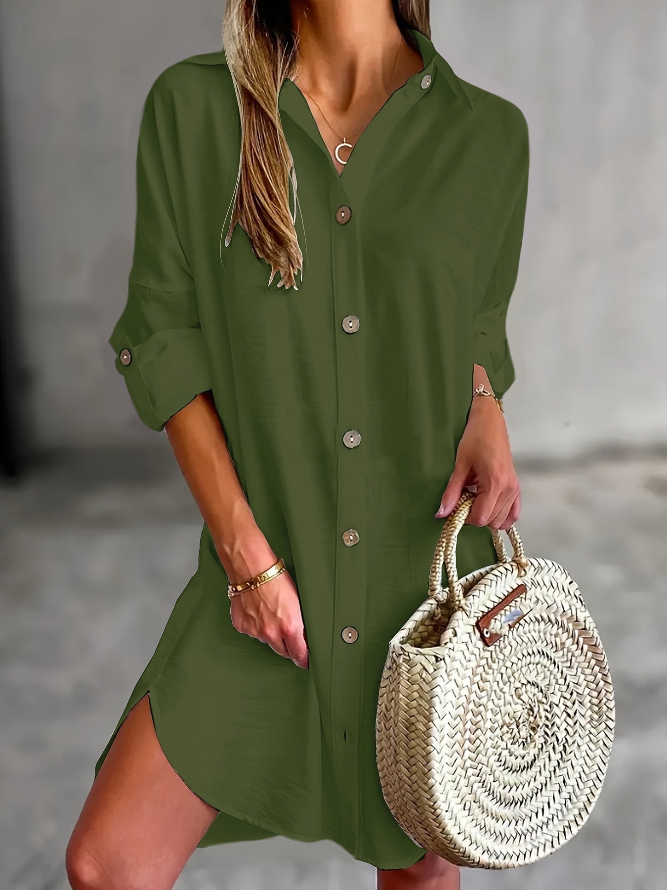 Vestido Camisa Sin Esfuerzo para Mujeres con Cuello, Manga Larga, Botones en la Parte Frontal, Estilo Casual Relajado