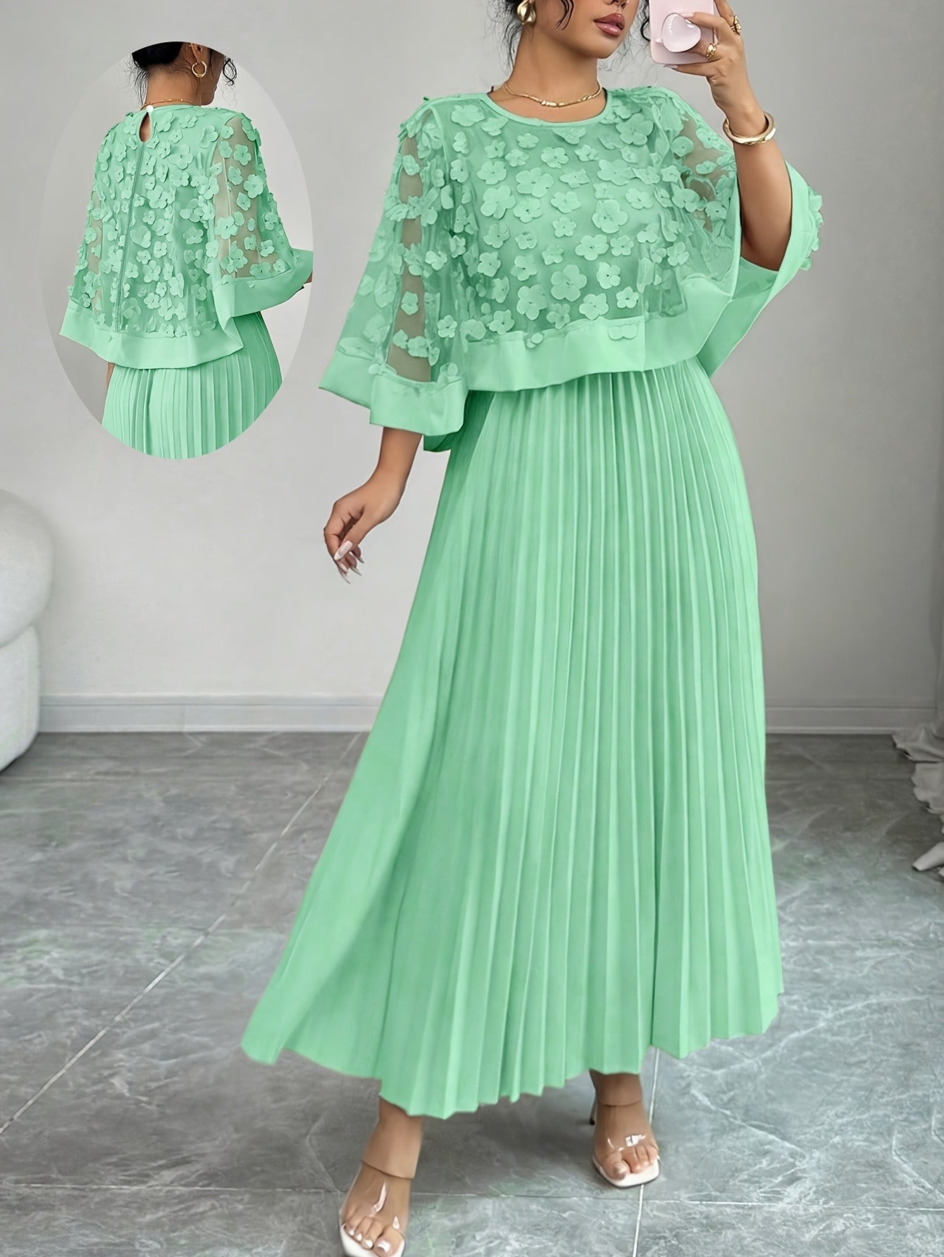 Elegante Vestido Largo Plisado Floral para Mujeres con Cuello Redondo y Manga Capa con Apliques, Estilo Formal para Invitadas de Boda