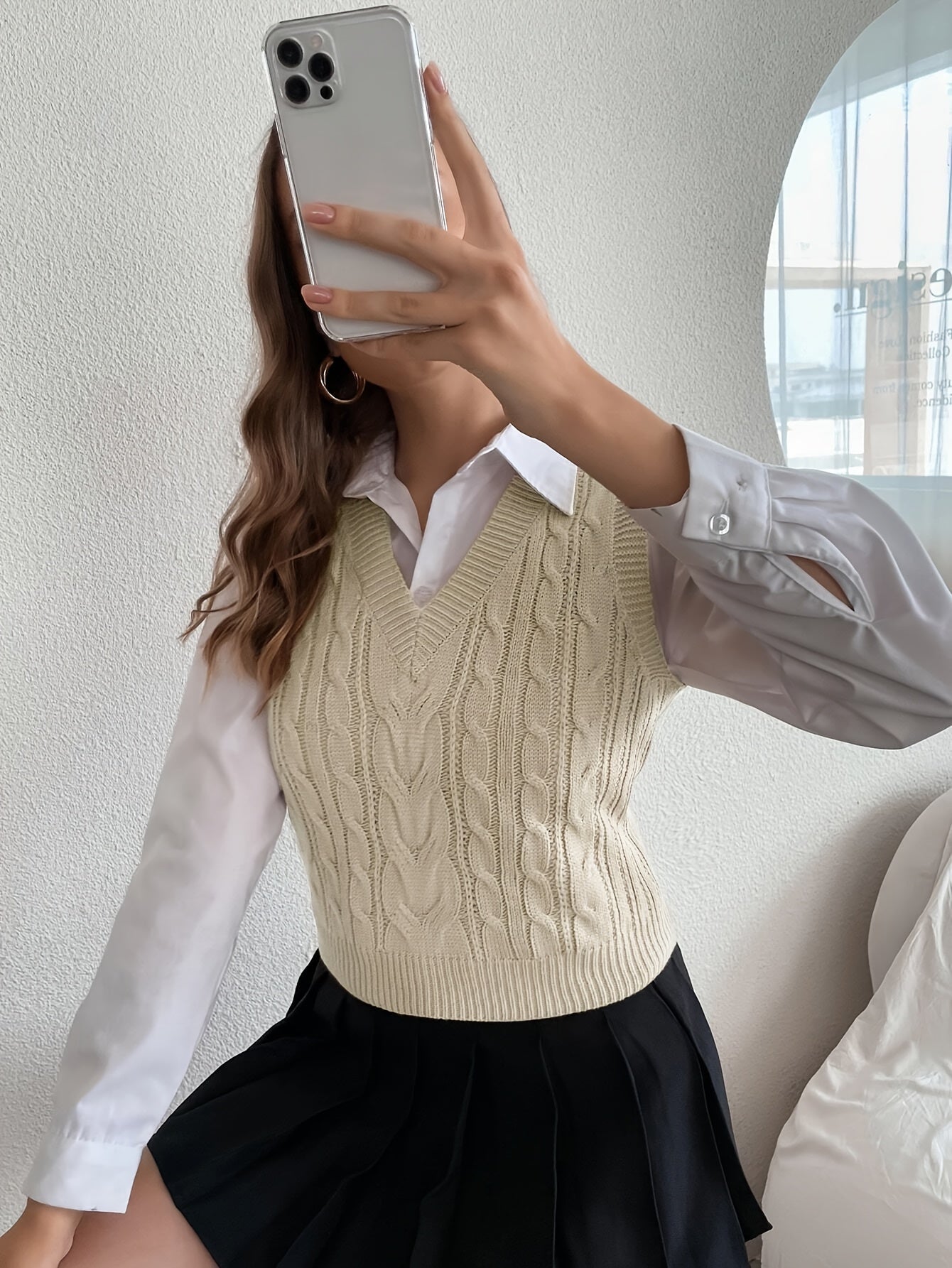 Chaleco de Punto Trenzado Cómodo para Mujeres con Escote en V, Sin Mangas y Dobladillo Acanalado, Estilo Preppy