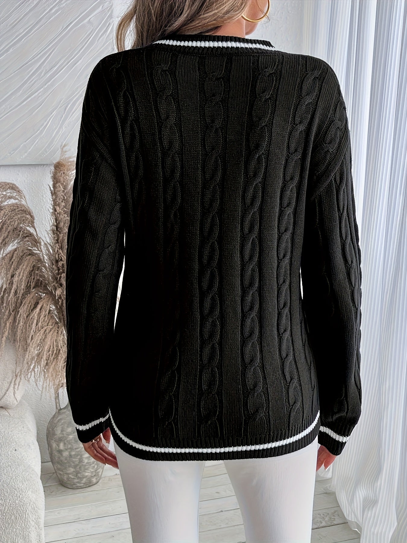 Suéter de Punto Trenzado Cómodo para Mujeres con Escote en V, Manga Larga, Detalle de Rayas y Estilo Oversized