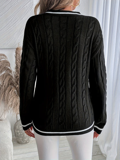Suéter de Punto Trenzado Cómodo para Mujeres con Escote en V, Manga Larga, Detalle de Rayas y Estilo Oversized
