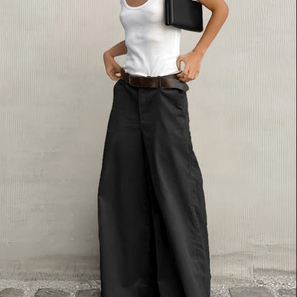 Pantalones Anchos Sin Esfuerzo para Mujeres con Cintura Alta, Botón Frontal, Estilo Casual Relajado