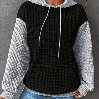 Sudadera de punto waffle color bloque cómoda para mujeres con capucha ajustable, manga larga y bolsillo canguro, estilo oversized