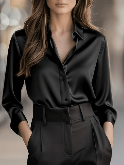 Blusa de Satén Elegante para Mujeres con Cuello, Manga Larga y Botones, Estilo Relajado y Sedoso