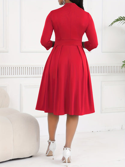 Vestido Midi Elegante con Lazo para Mujeres con Cuello Alto, Manga de Codo y Estilo Plisado