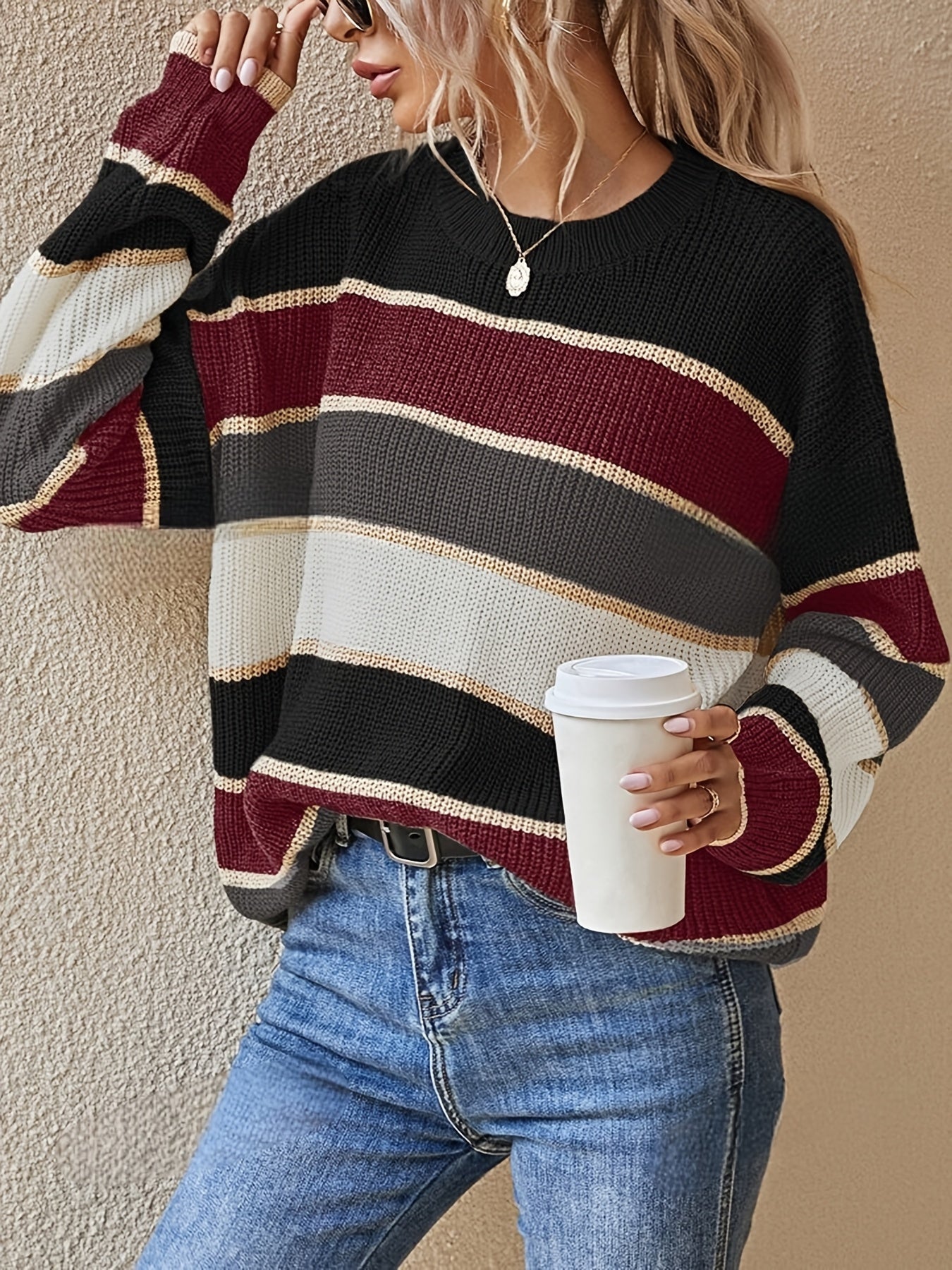 Suéter de rayas color bloque cómodo para mujeres con cuello redondo, manga larga y estilo de punto relajado y oversize