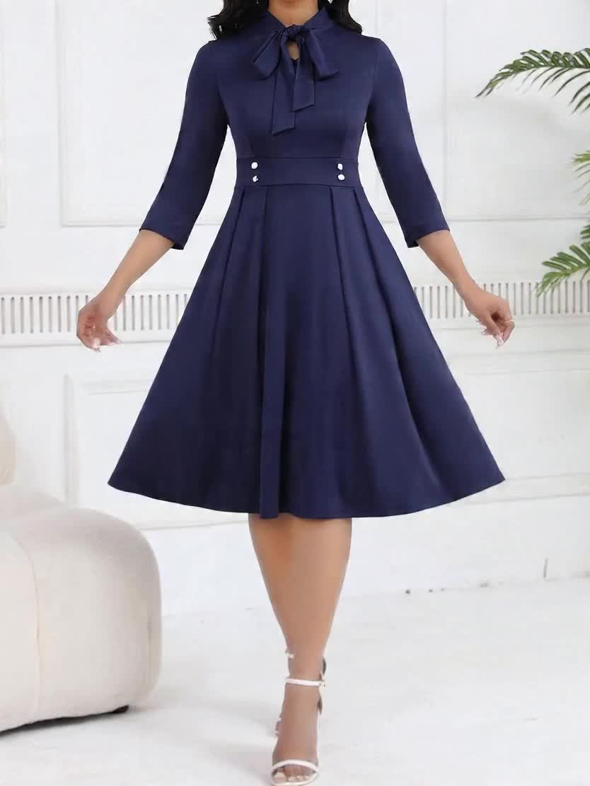 Vestido Midi Elegante con Lazo para Mujeres con Cuello Alto, Manga de Codo y Estilo Plisado