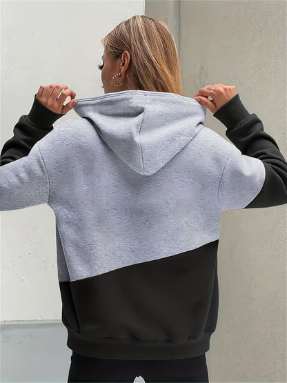 Sudadera gráfica de color bloque cómoda para mujeres con cuello de cowl, manga larga, bolsillo canguro y estilo relajado