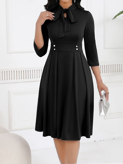 Vestido Midi Elegante con Lazo para Mujeres con Cuello Alto, Manga de Codo y Estilo Plisado