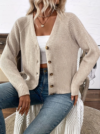 Cárdigan de Punto Acanalado Cómodo para Mujeres con Cuello en V, Manga Larga, Botones Frontal, Estilo Relajado y Corto