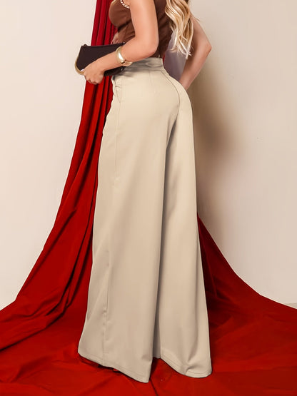 Pantalones Anchos Elegantes de Caqui para Mujeres con Cintura Alta y Pliegues Tailored Estilo Formal