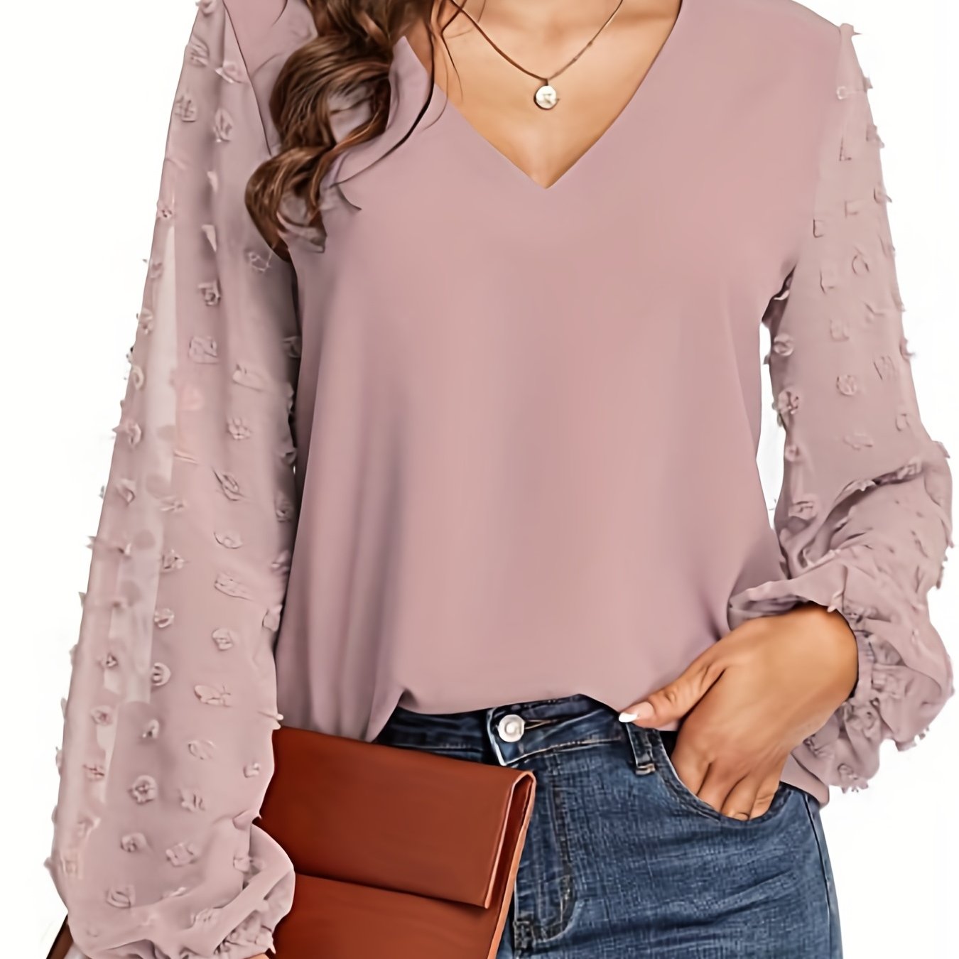 Blusa de Puntos Suizos sin Esfuerzo para Mujeres con Cuello en V y Manga Obispo de Chifón Texturizado Estilo Casual