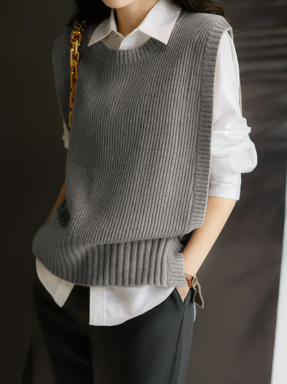 Chaleco de Suéter Acanalado Cómodo para Mujeres con Cuello Redondo Sin Mangas Estilo Oversized