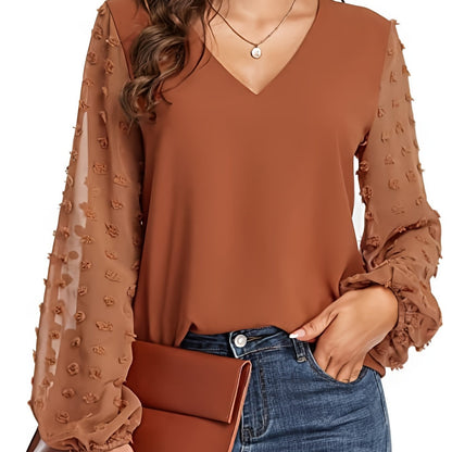 Blusa de Puntos Suizos sin Esfuerzo para Mujeres con Cuello en V y Manga Obispo de Chifón Texturizado Estilo Casual
