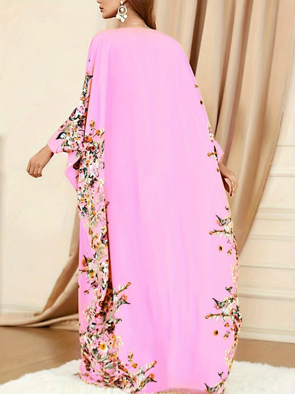 Elegante Vestido Maxi Kaftán Floral para Mujeres con Cuello Redondo y Mangas Murciélago