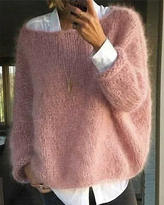Suéter de Mohair Cómodo de Punto para Mujeres con Cuello Amplio y Mangas Largas de Estilo Relajado y Oversized