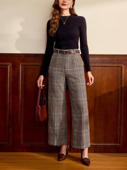 Pantalones de Pierna Ancha de Cuadrícula Elegante para Mujeres con Cintura Alta y Cinturón, Estilo Relajado y Ajustado