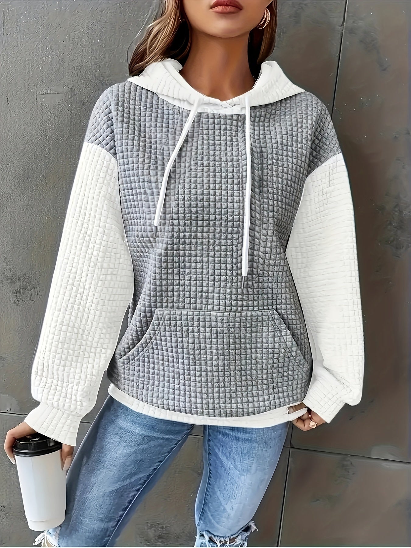 Sudadera Texturizada Colorblock Cómoda para Mujeres con Capucha Ajustable, Manga Larga y Bolsillo Canguro, Estilo Oversized