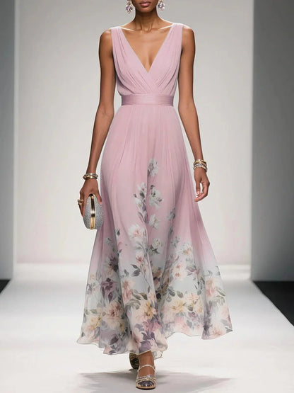 Elegante Vestido Maxi Floral para Mujeres con Escote en V Sin Mangas y Cintura Envolvente, Estilo para Invitadas de Boda