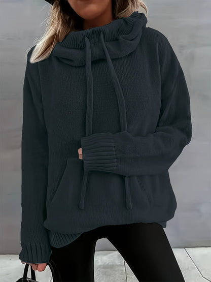 Suéter de punto cómodo para mujeres con cuello de capa, manga larga, cordón y estilo oversized