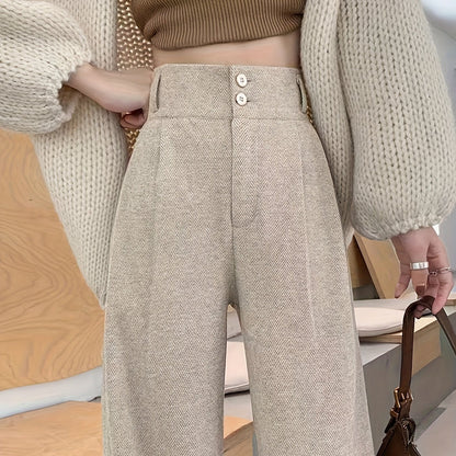 Pantalones Elegantes de Pierna Ancha en Pata de Gallo para Mujeres con Cintura Alta y Cierre de Botón Frontal con Pliegues