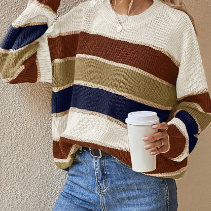 Suéter de rayas color bloque cómodo para mujeres con cuello redondo, manga larga y estilo de punto relajado y oversize