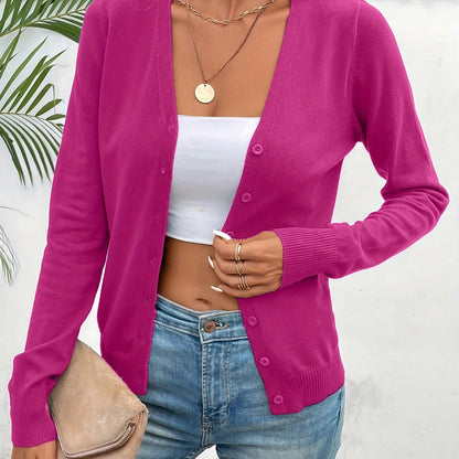 Suéter Cárdigan de Punto Sin Esfuerzo para Mujeres con Cuello en V, Manga Larga, Frente con Botones y Estilo Relajado