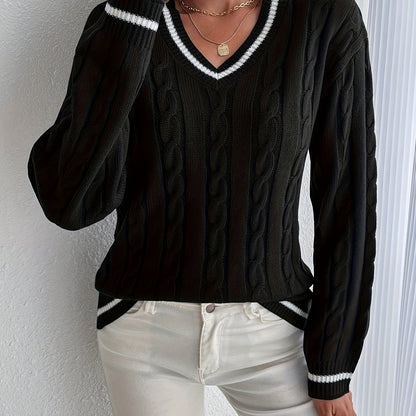 Suéter de Punto Trenzado Cómodo para Mujeres con Escote en V, Manga Larga, Detalle de Rayas y Estilo Oversized