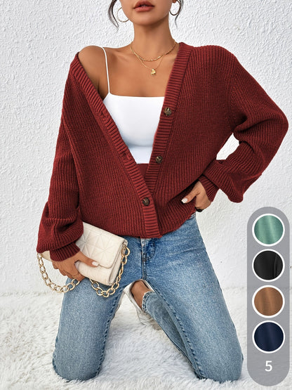 Cárdigan de Punto Acanalado Cómodo para Mujeres con Cuello en V, Mangas Globo, Botones en la Parte Frontal y Estilo Oversized