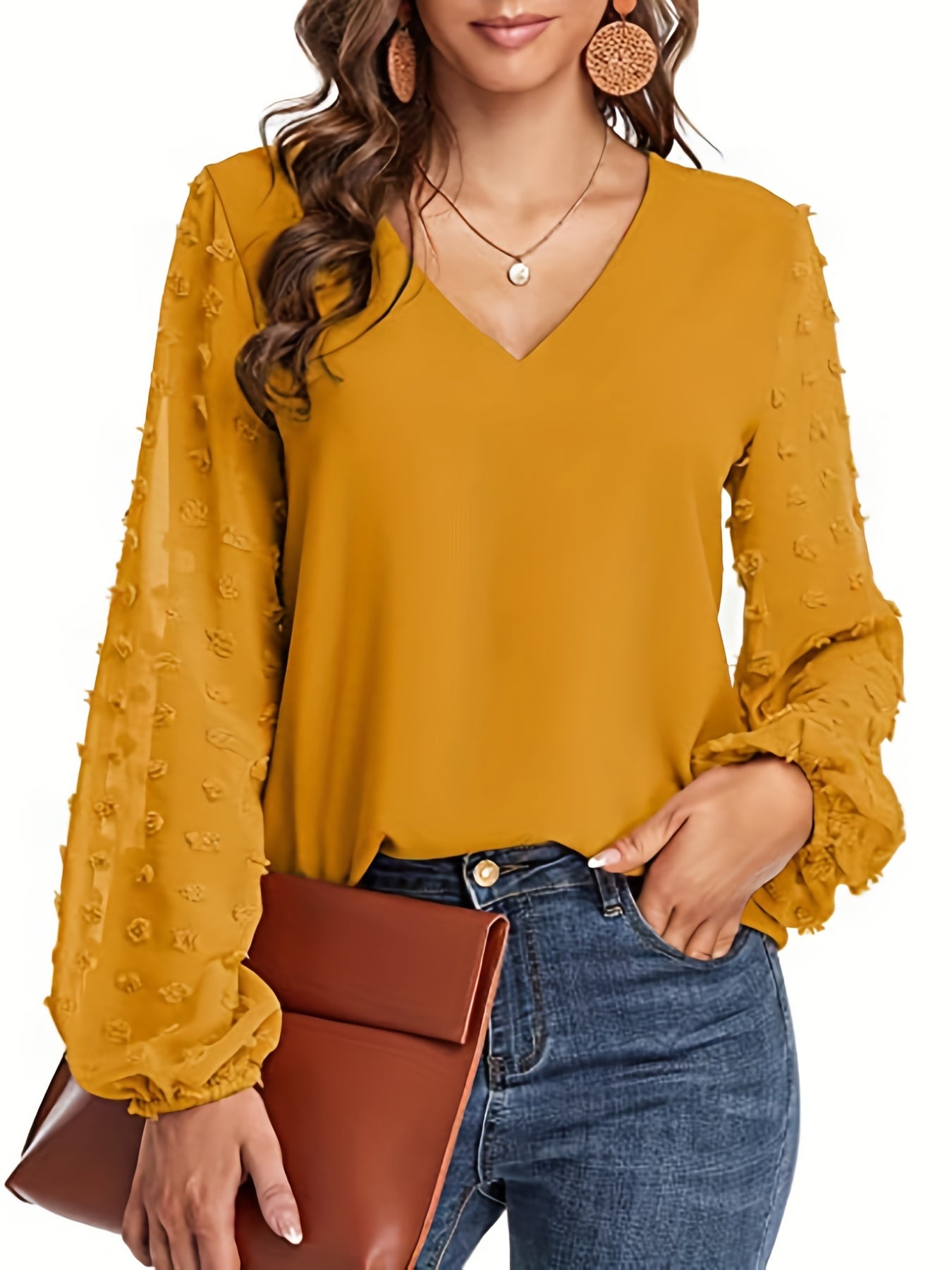Blusa de Puntos Suizos sin Esfuerzo para Mujeres con Cuello en V y Manga Obispo de Chifón Texturizado Estilo Casual