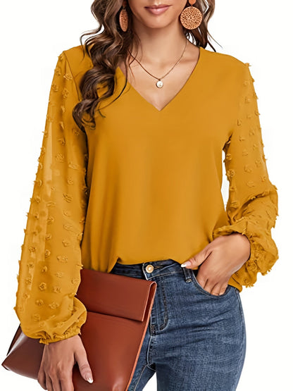 Blusa de Puntos Suizos sin Esfuerzo para Mujeres con Cuello en V y Manga Obispo de Chifón Texturizado Estilo Casual
