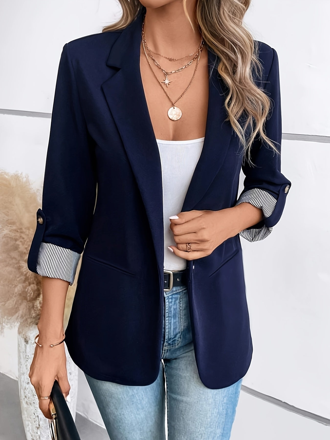 Blazer Sin Esfuerzo para Mujeres con Cuello de Solapa, Manga Larga, Puño Rayado, Estilo Casual