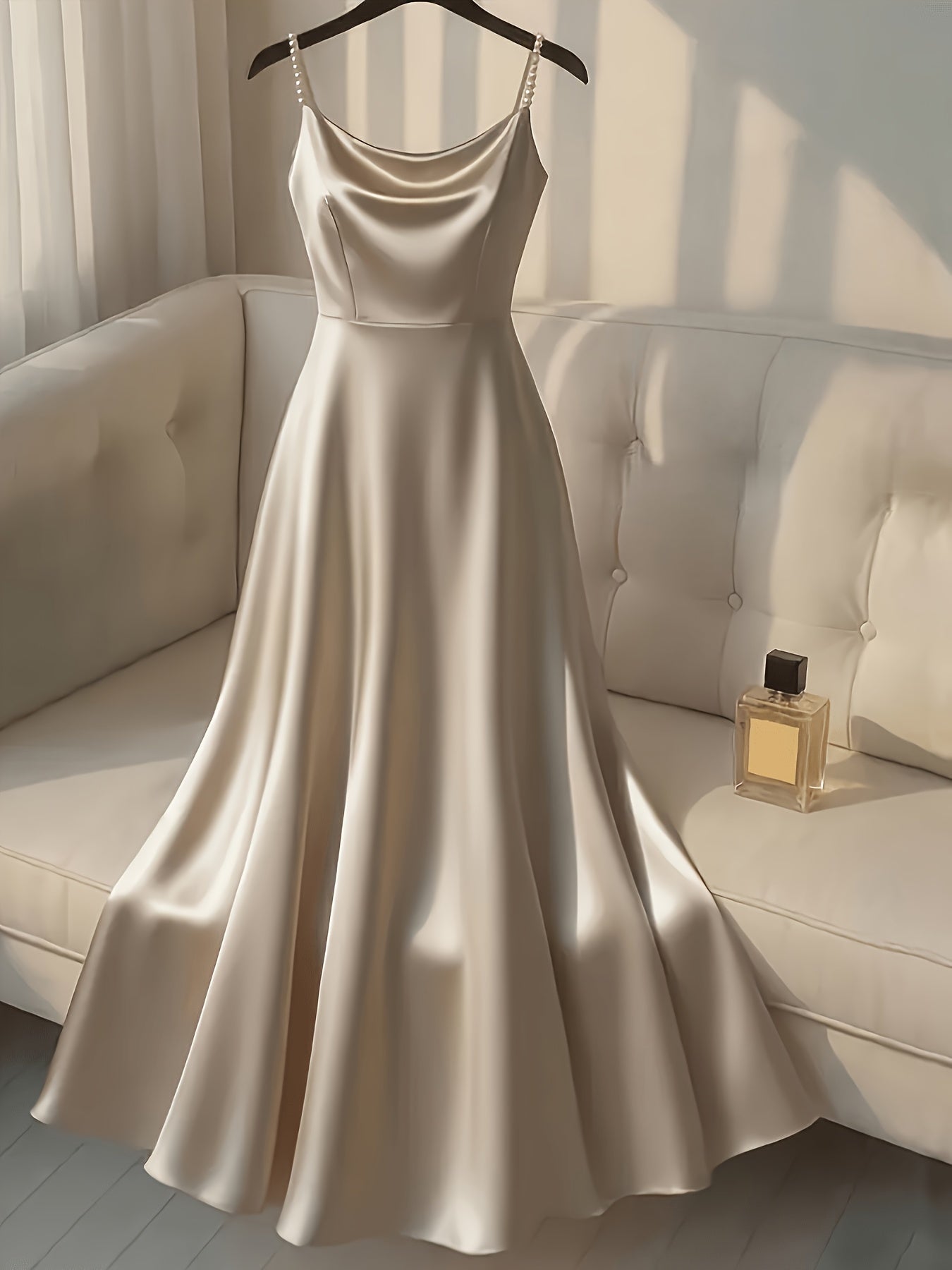 Elegante Vestido Maxi de Satén para Mujeres con Cuello Cowl y Tirantes de Perlas para Estilo Formal de Invitada de Boda