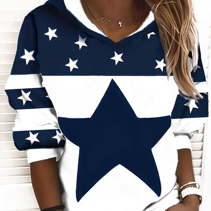 Sudadera Cómoda con Estampado de Estrellas en Color Marino para Mujeres con Capucha de Manga Larga Estilo Relajado