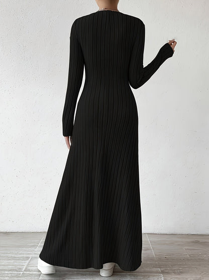 Elegante Vestido Largo de Punto Acanalado para Mujeres con Escote en V y Manga Larga Ajustado y Fluido