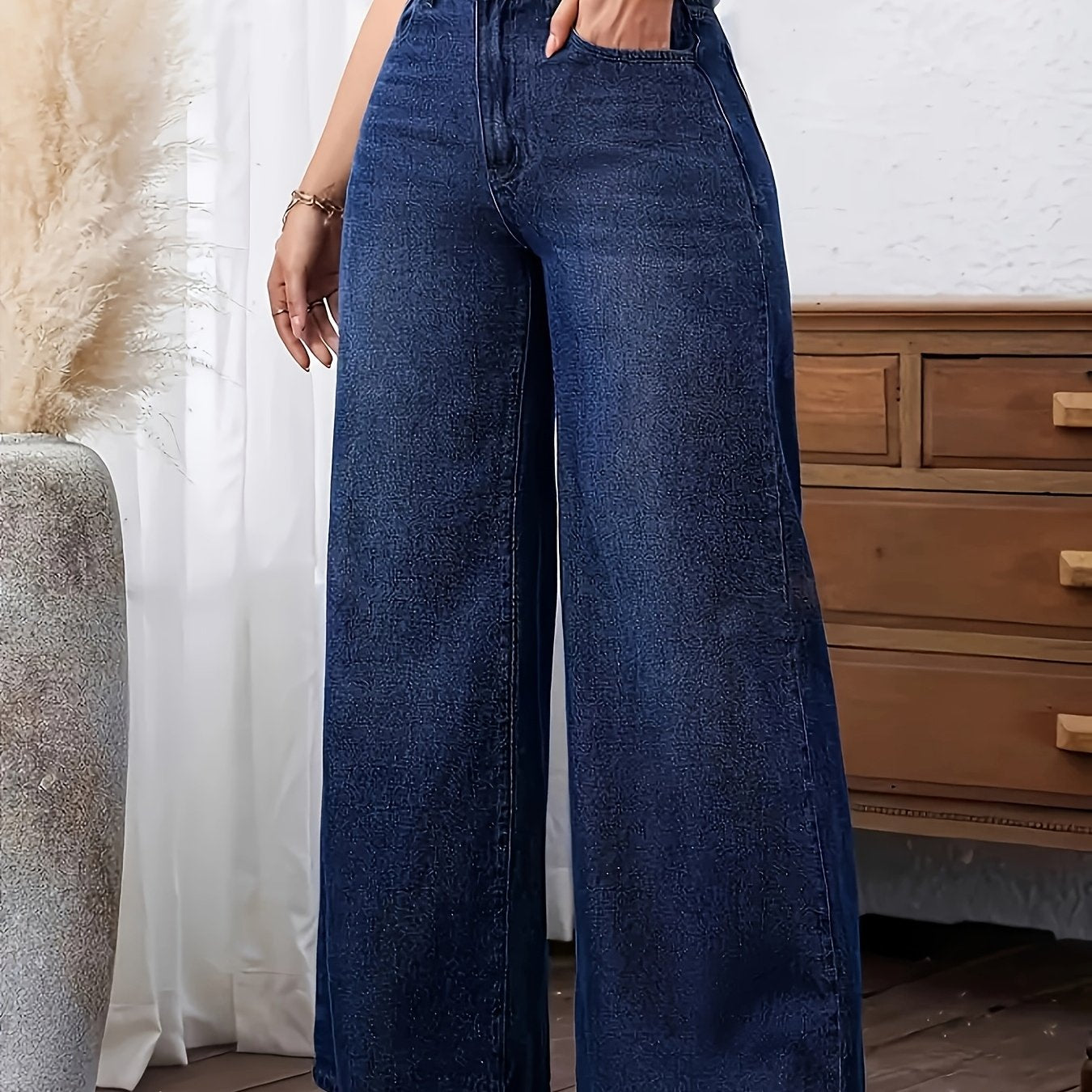 Jeans Anchos Azules de Cintura Alta y Estilo Fluido para Mujeres