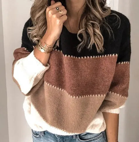 Suéter de Bloques de Color Cómodo para Mujeres con Cuello Redondo y Manga Larga, Estilo Oversized Relajado de Tejido