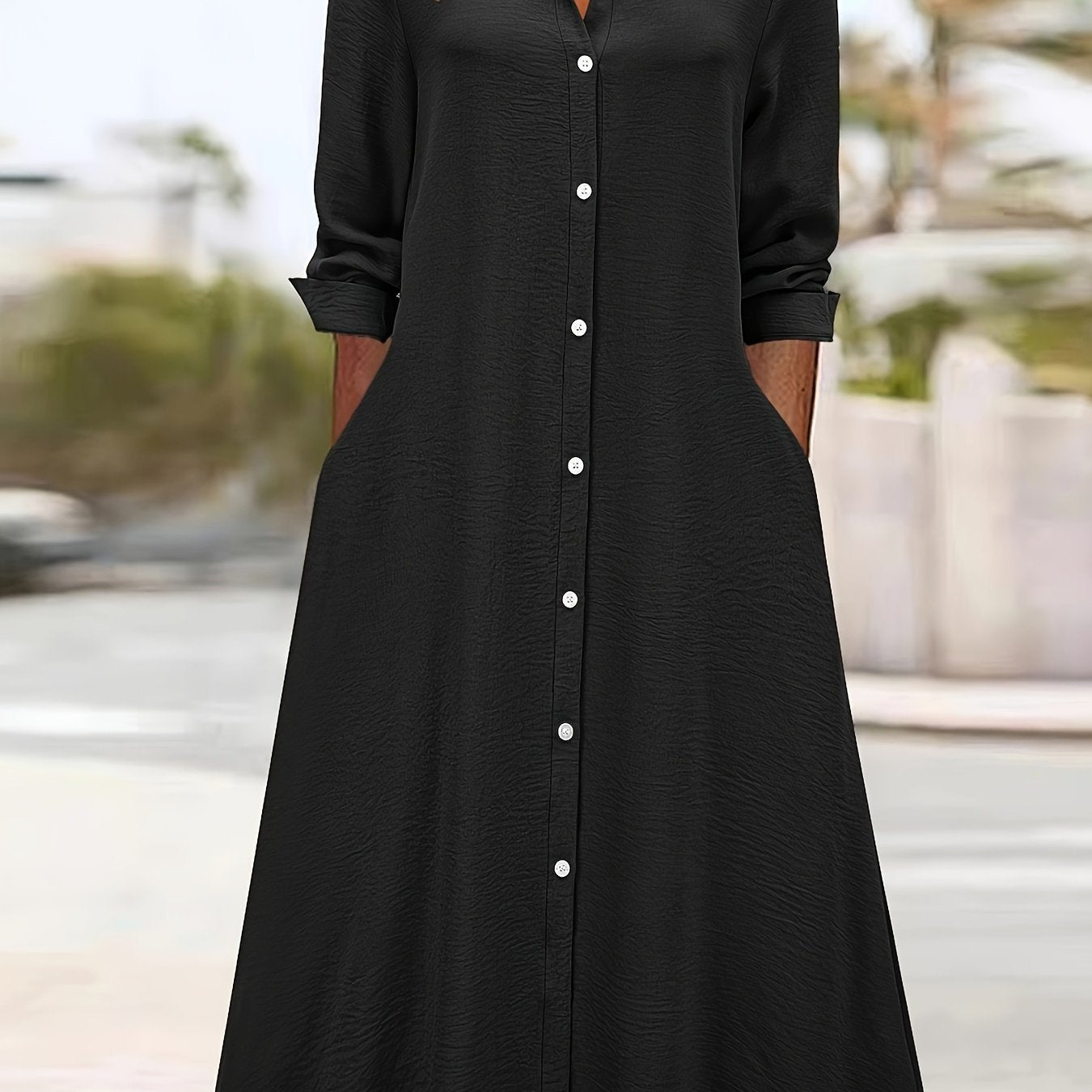 Vestido Camisa Elegante de Botones Frontal para Mujeres con Cuello y Manga Larga Estilo A Linea Fluyente